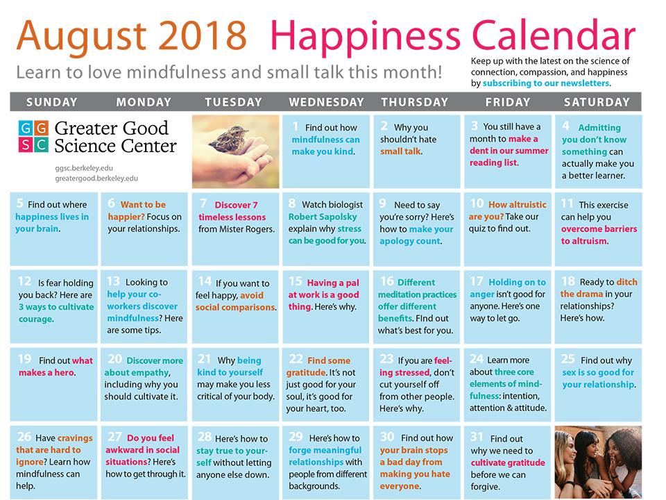 August 2018 Happiness Calendar