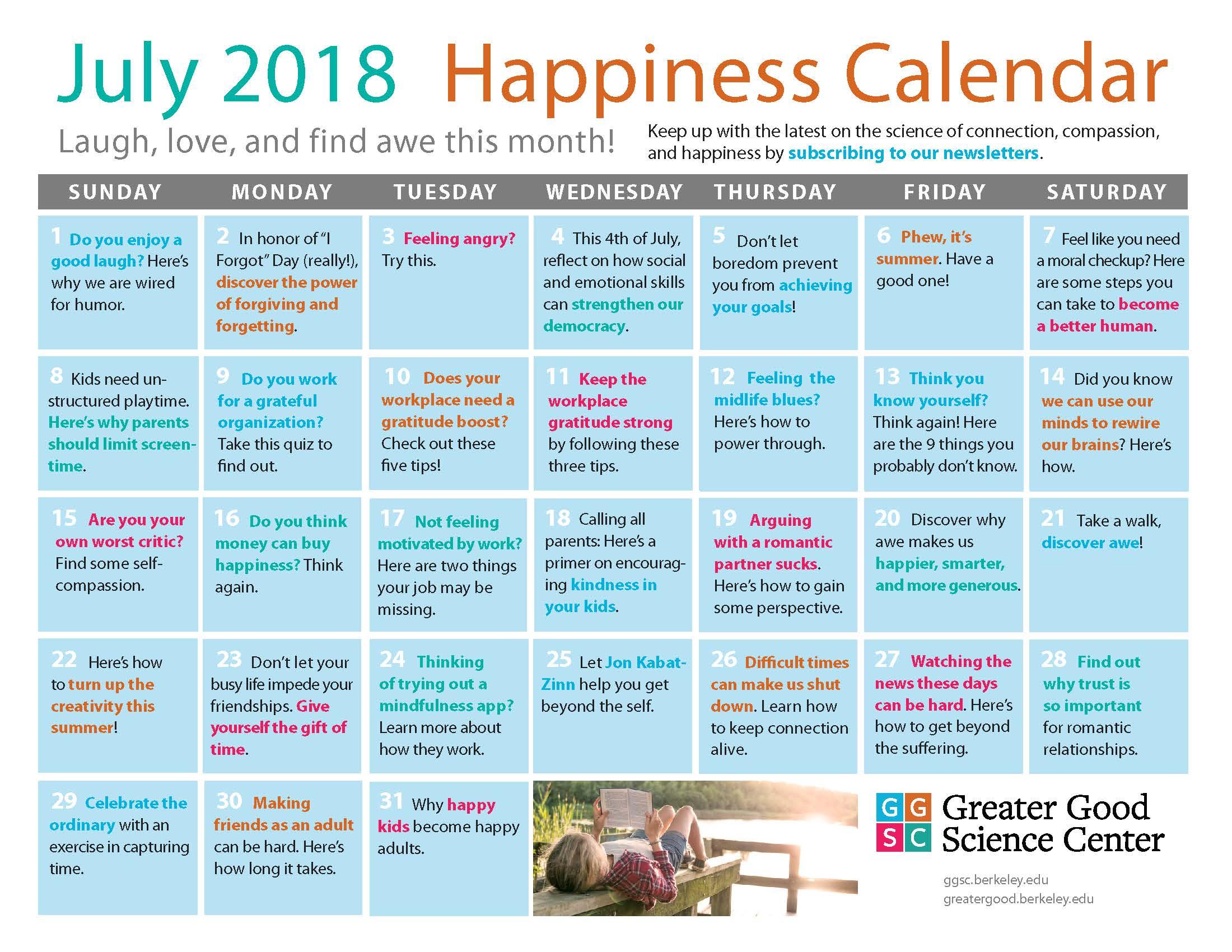 July 2018 Happiness Calendar